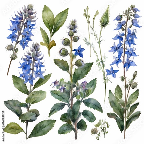 Big set with buds, flowers, twigs and leaves of borage in watercolor illustration. This set is well suited for your various projects: creating cards, invitations, wedding design and many others