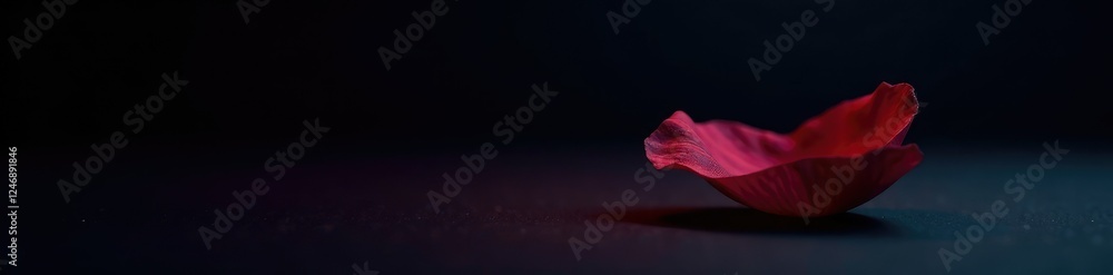 A single rose petal floats against the darkness, color, solitary