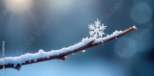 Wallpaper Mural A single snowflake stuck to the tip of a frozen branch like a tiny, delicate ornament, frosty, cold weather, peaceful scenery Torontodigital.ca