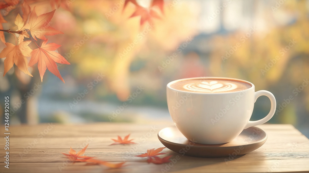 Autumn Latte Art: A steaming cup of latte art graces a wooden table, adorned with fallen autumn leaves. Warm, inviting light filters through the background of vibrant autumn foliage. Autumn Latte Art: A steaming cup of latte art graces a wooden table, adorned with fallen autumn leaves. Warm, inviting light filters through the background of vibrant autumn foliage.