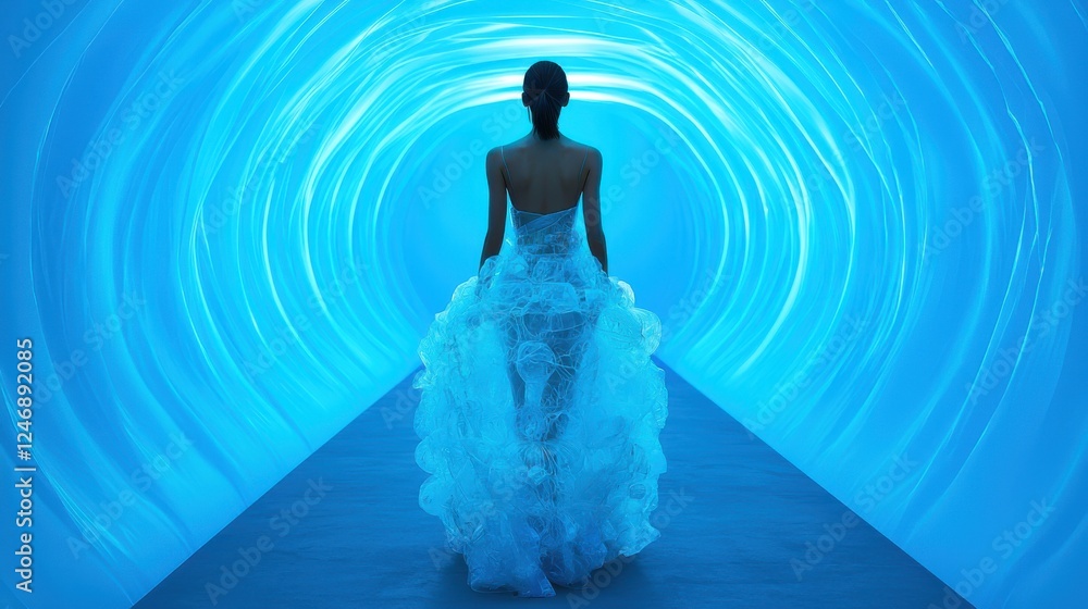 A silhouette of a woman in a flowing white dress walks through a mesmerizing blue tunnel, evoking a sense of ethereal beauty and tranquility. A silhouette of a woman in a flowing white dress walks through a mesmerizing blue tunnel, evoking a sense of ethereal beauty and tranquility.