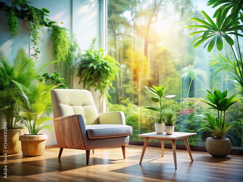Fototapeta premium Minimalist Living Room: Cozy Chair, Plants, Double Exposure Photography