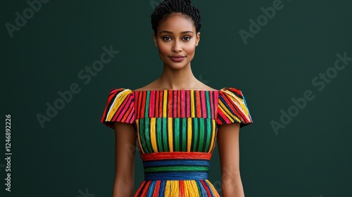 A woman poses confidently in a colorful, traditional dress against a dark green background, showcasing vibrant patterns and cultural elegance.