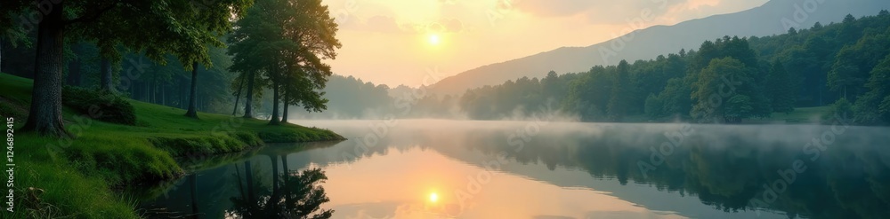 Obraz premium Towering trees and lush greenery surrounding a serene lake at dawn, serenity, , lake