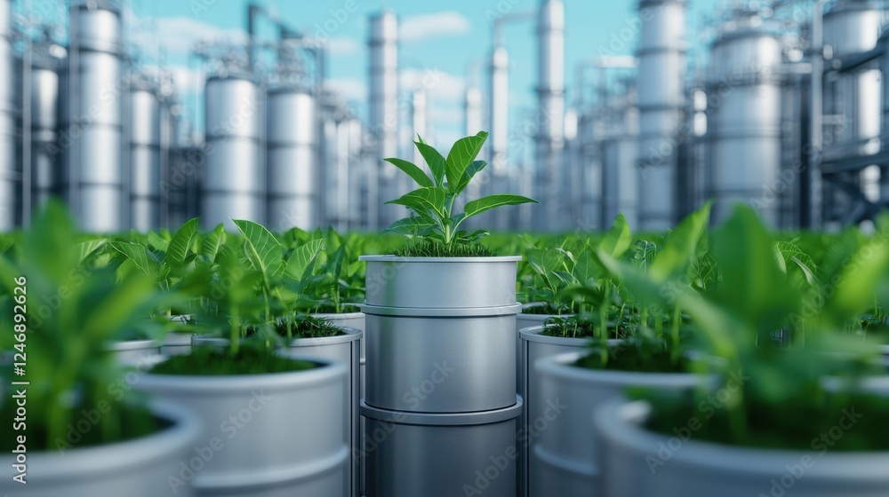 Fototapeta premium A vibrant green plant emerges from a silver barrel, symbolizing sustainability amidst an industrial background of towering structures.