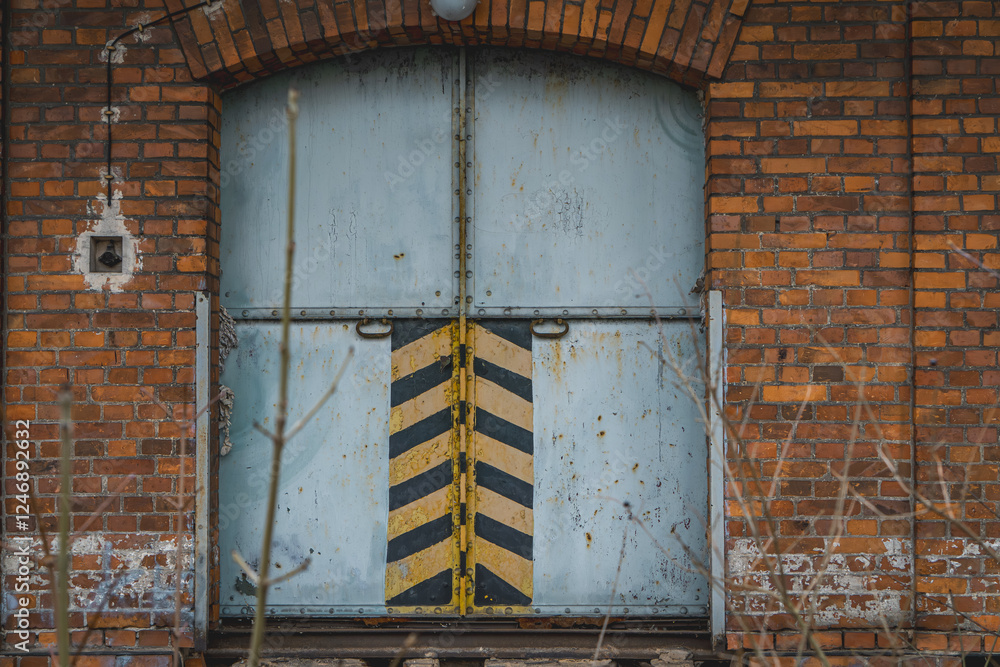 metal warehouse door in an old abandoned building metal warehouse door in an old abandoned building