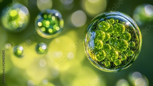 Closeup View Of Green Algae Sphere In Water Droplets