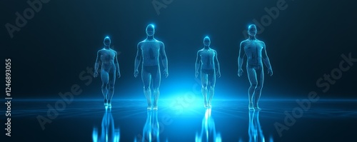 Futuristic humanoids in glowing blue light.
