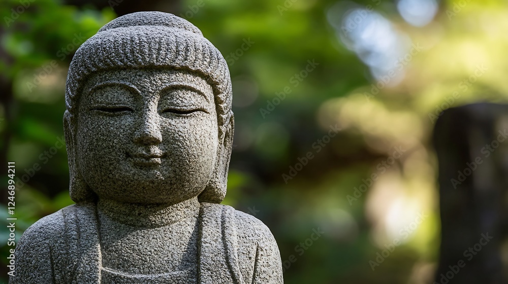 Peaceful Stone Buddha Statue Amidst Greenery Capturing Serenity in Nature : Generative AI