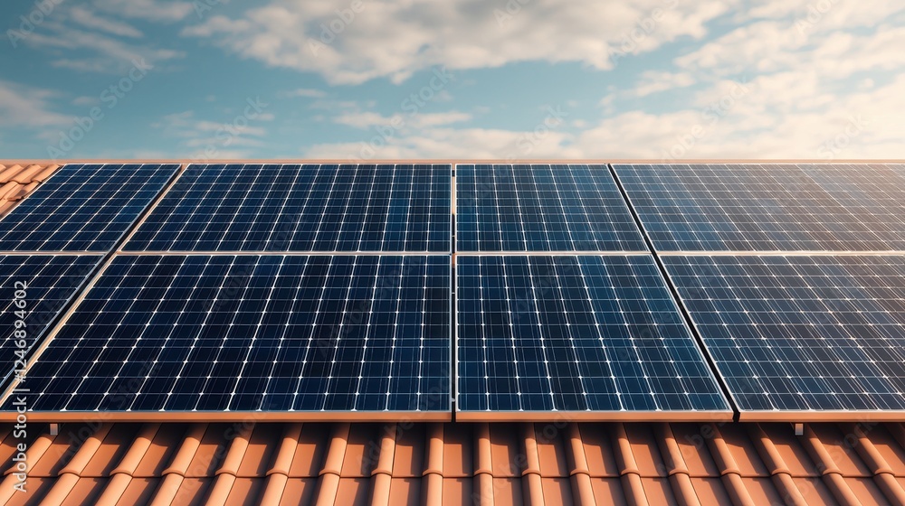 Solar panels on a roof capture sunlight under a clear sky, promoting renewable energy and sustainability. Solar panels on a roof capture sunlight under a clear sky, promoting renewable energy and sustainability.