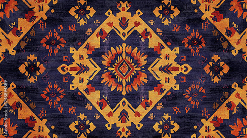 Dark blue textile with ethnic orange and yellow pattern.