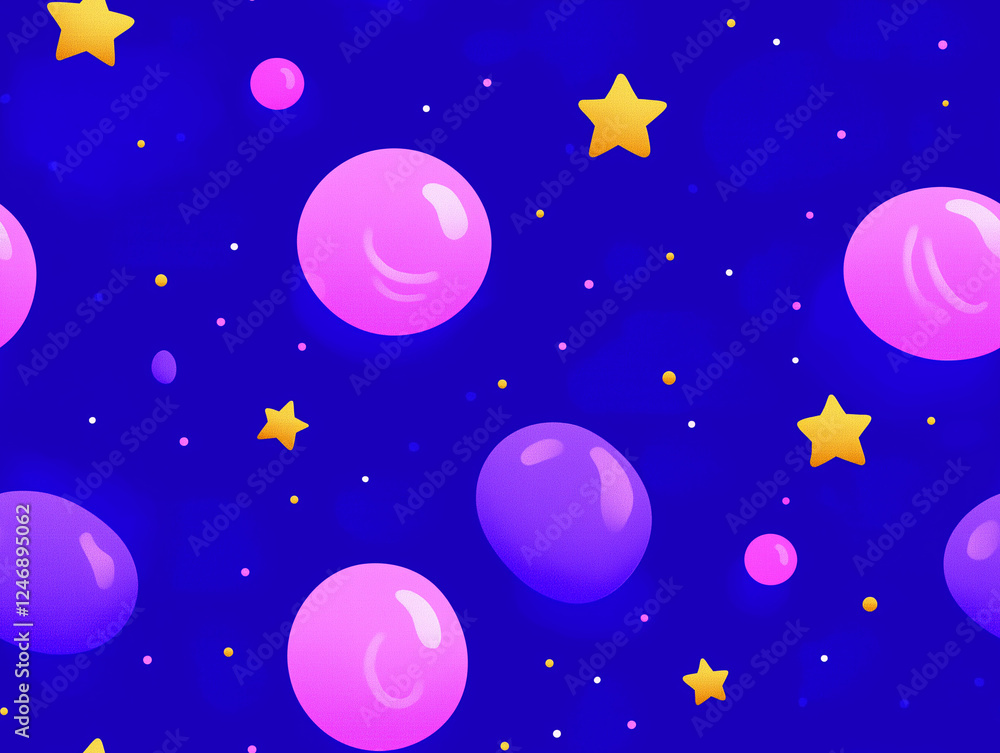 Cosmic Bubbles: A whimsical and playful pattern of pink and purple bubbles floating amidst a field of gold stars against a vibrant blue backdrop. Perfect for kids, textiles. Cosmic Bubbles: A whimsical and playful pattern of pink and purple bubbles floating amidst a field of gold stars against a vibrant blue backdrop. Perfect for kids, textiles.