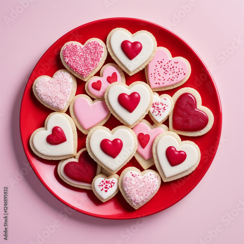 Heart shaped cookies with white, red and pink icing, raspberry jam and sprinkles, top view