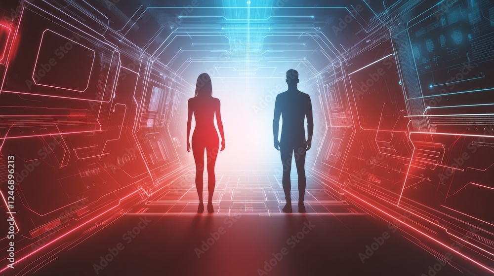Futuristic scene with humans in neon light. Futuristic scene with humans in neon light.