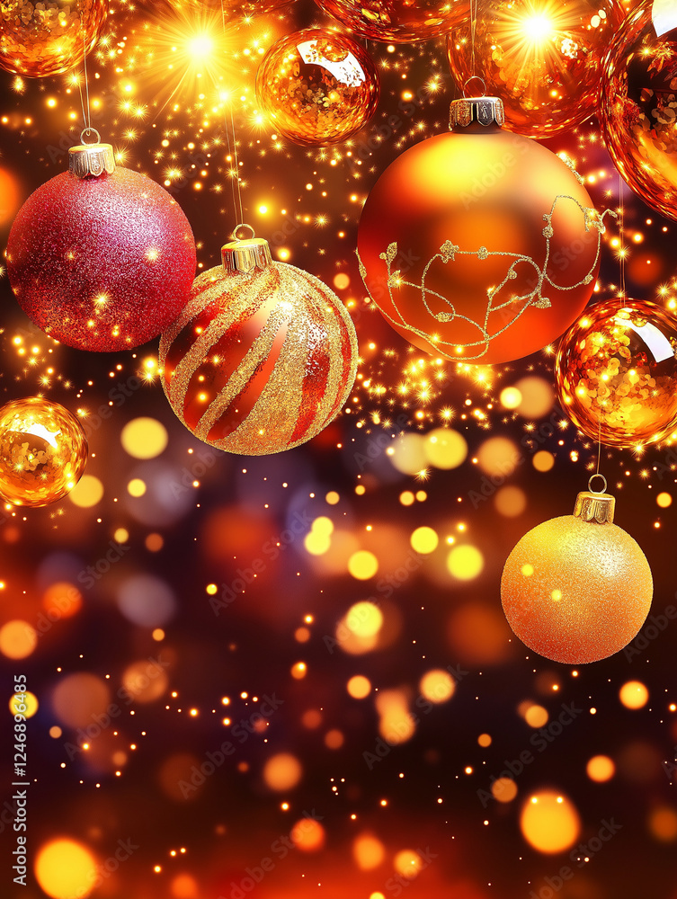 Festive Christmas Ornament: A vibrant collection of red, gold, and orange Christmas ornaments, shimmering with festive lights and a sparkling bokeh effect. Festive Christmas Ornament: A vibrant collection of red, gold, and orange Christmas ornaments, shimmering with festive lights and a sparkling bokeh effect.