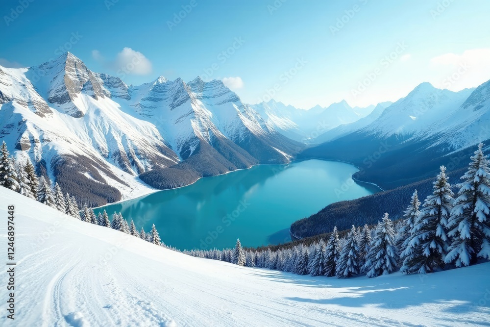 Ski slopes with frozen lake in the background, ice, mountains Ski slopes with frozen lake in the background, ice, mountains