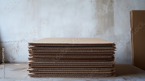 Stacks of brown unfolded cardboard, neatly and tidily arrange, white wall as background, storage box for packaging photo