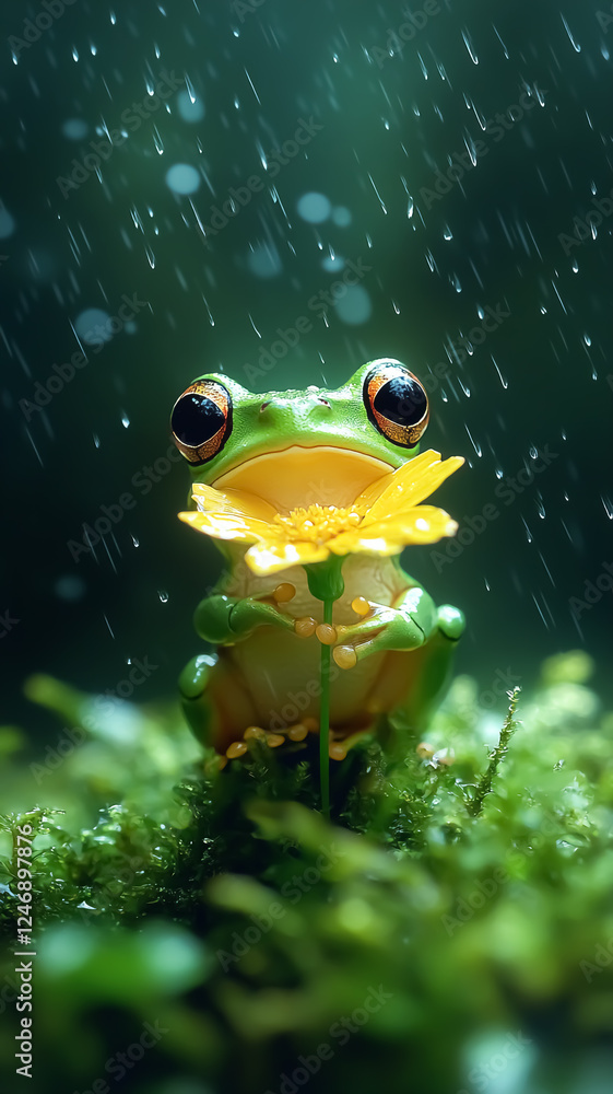A little frog sitting on a wildflower in the rain A little frog sitting on a wildflower in the rain