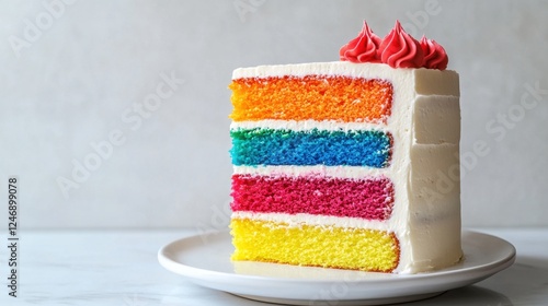 Slice of Rainbow Layer Cake with Red Frosting. A colorful slice of a rainbow layer cake with white frosting and a decorative red frosting swirl on top photo