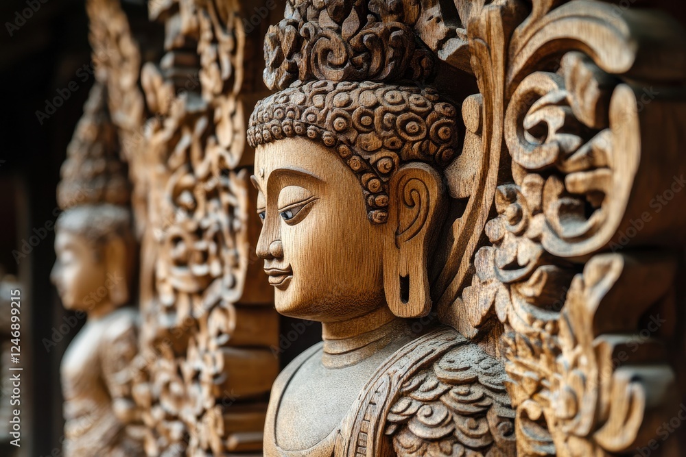 Fototapeta premium A traditional Buddha statue made of carved wood, A wooden statue of Buddha in a seated position on a chair, symbolizing peace and meditation.