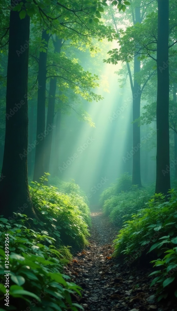 Obraz premium Misty veil shrouding the forest floor in mystery, greenery, plants