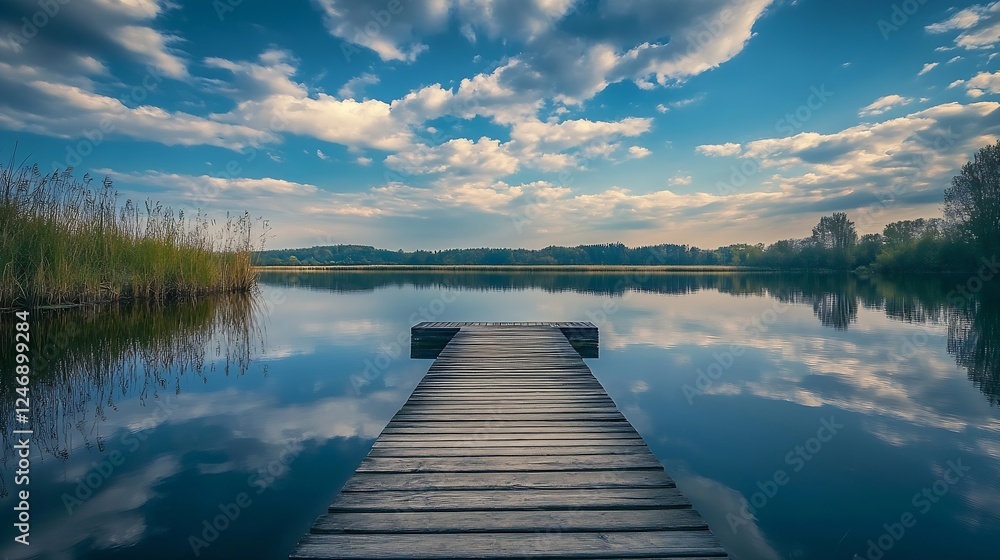 Naklejka premium Idyllic Lakeside View with Wooden Pier Under a Picturesque Sky : Generative AI