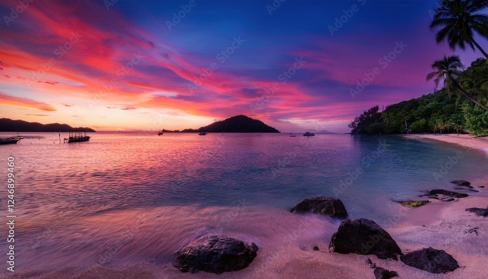 Vibrant summer sunset creates a stunning color palette over tranquil waters Vibrant summer sunset creates a stunning color palette over tranquil waters