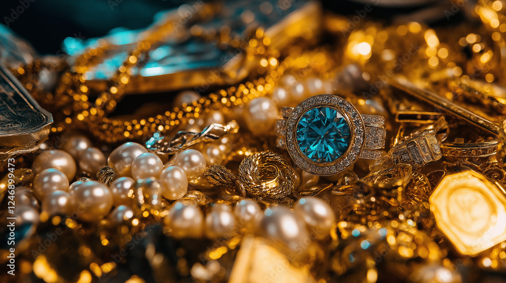 Treasure Trove of Jewels: A close-up of a sparkling pile of gold jewelry, featuring a dazzling blue gemstone ring, encapsulating opulence, luxury, and extravagance. Treasure Trove of Jewels: A close-up of a sparkling pile of gold jewelry, featuring a dazzling blue gemstone ring, encapsulating opulence, luxury, and extravagance.