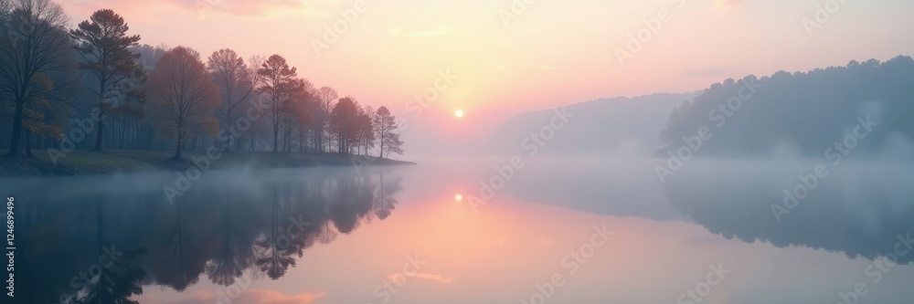 Fototapeta premium misty morning on calm lake with trees reflected, misty, reflection