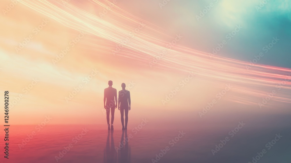 Fototapeta premium Individuals exploring a colorful dreamlike landscape.