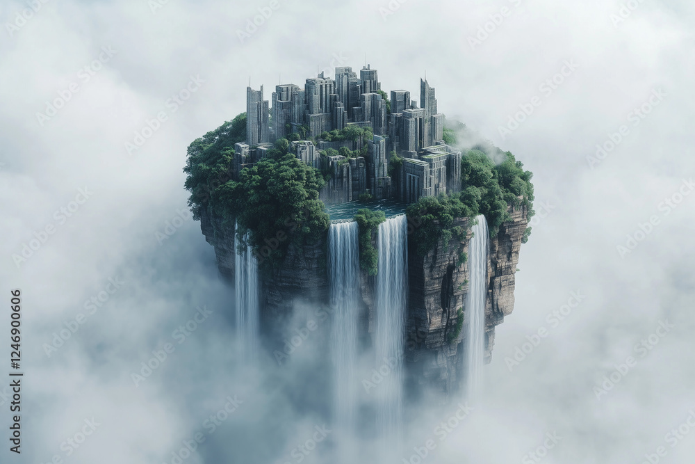 Fototapeta premium Sci-Fi Utopia: Floating Island City with Cascading Waterfalls Disappearing Into Mist, A Vision of Fantastic Frontiers