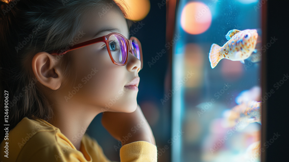 Naklejka premium young girl with glasses gazes intently at colorful fish in aquarium, showcasing curiosity and wonder. soft lighting enhances enchanting atmosphere of scene