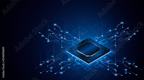 Microchip processor circuit board technology on dark blue background. Information Processing Concept. Circuit board hi-tech technology background. vector illustration	
