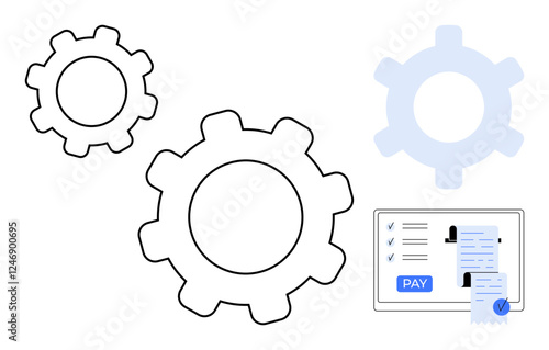 Gears representing automated systems, digital interface with checklist and payroll function. Ideal for business operations, efficiency, automation, payment processing, finance management, HR