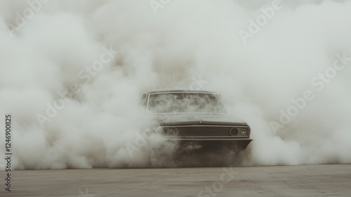 Classic car burnout, smoky asphalt track, motorsport event photo