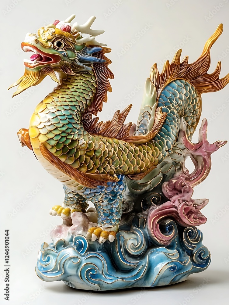 Fototapeta premium Colorful ceramic Chinese dragon figurine with intricate details and vibrant scales : Generative AI