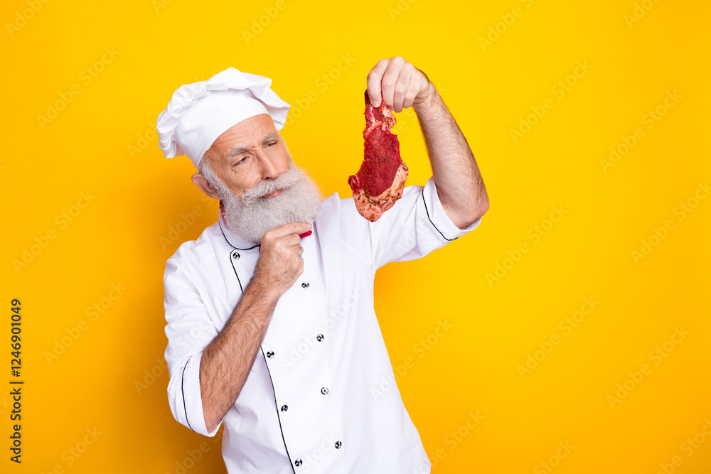 Senior chef examining a raw steak while posing in professional attire and a bright colored culinary setting background Senior chef examining a raw steak while posing in professional attire and a bright colored culinary setting background