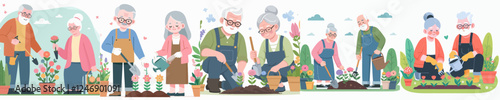 vector set of grandparents gardening