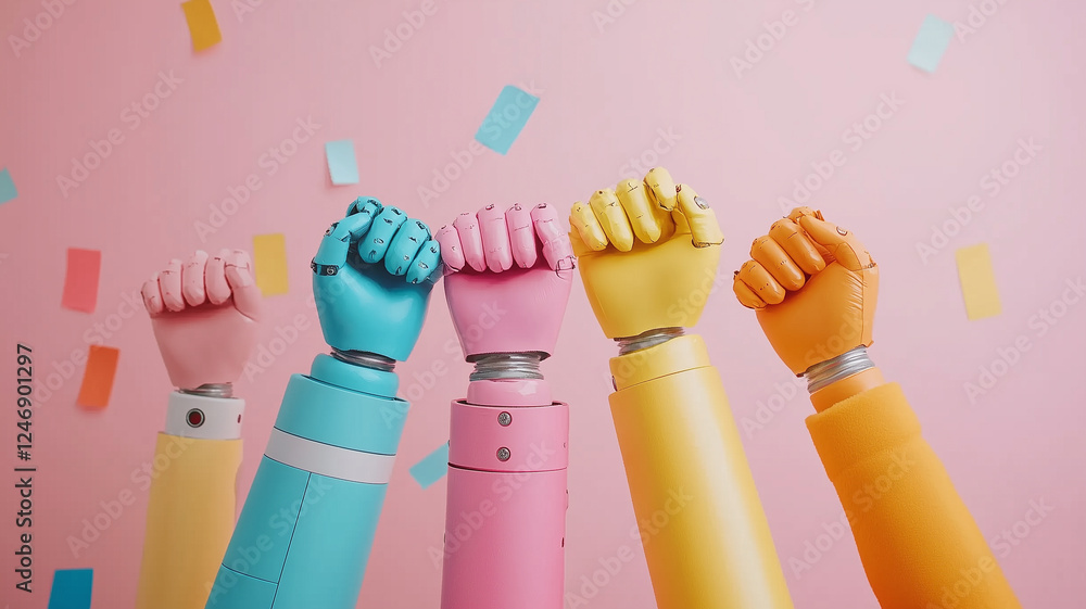 Futuristic robotic arms in vibrant colors raised in unity against pink background, symbolizing strength and innovation Futuristic robotic arms in vibrant colors raised in unity against pink background, symbolizing strength and innovation