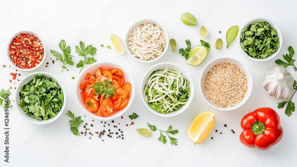 Fresh vegetables and herbs arranged in bowls, including tomatoes, bean sprouts, cilantro, and lime, perfect for healthy meal preparation Fresh vegetables and herbs arranged in bowls, including tomatoes, bean sprouts, cilantro, and lime, perfect for healthy meal preparation