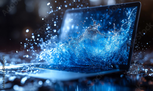 Water splashing from a laptop screen. A laptop displays water splashing out, creating a dynamic and surreal visual effect, evoking creativity and innovation.
