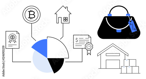 Objects connected by lines include Bitcoin, house, luxury bag, warehouse, pie chart, certificates. Ideal for finance, investment, real estate cryptocurrency market analysis wealth distribution photo