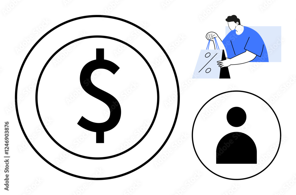 Large dollar sign in a circle, human profile, and person with shopping bag. Ideal for economics, retail, consumer behavior, finance, marketing budgeting financial planning. Line metaphor Large dollar sign in a circle, human profile, and person with shopping bag. Ideal for economics, retail, consumer behavior, finance, marketing budgeting financial planning. Line metaphor