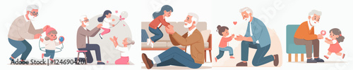 vector set of grandfather playing with his grandson