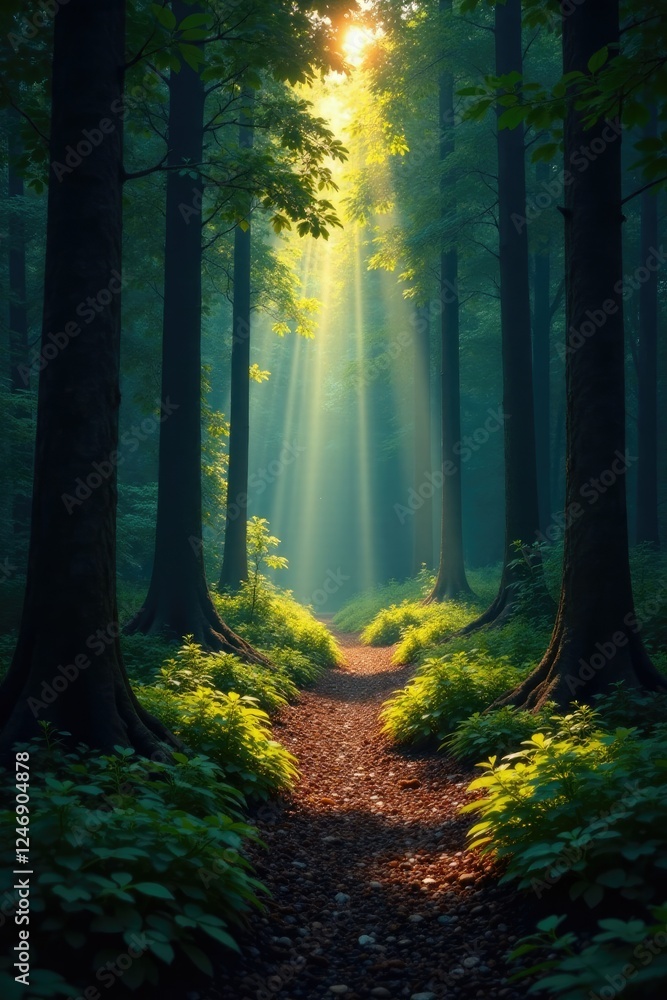 Obraz premium Dark forest with a shaft of sunlight illuminating the path, dark woods, forest