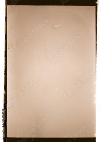 A blank vintage film negative frame with perforations on the sides, featuring a sepia-toned texture and slight scratches, resembling old analog photography materials.