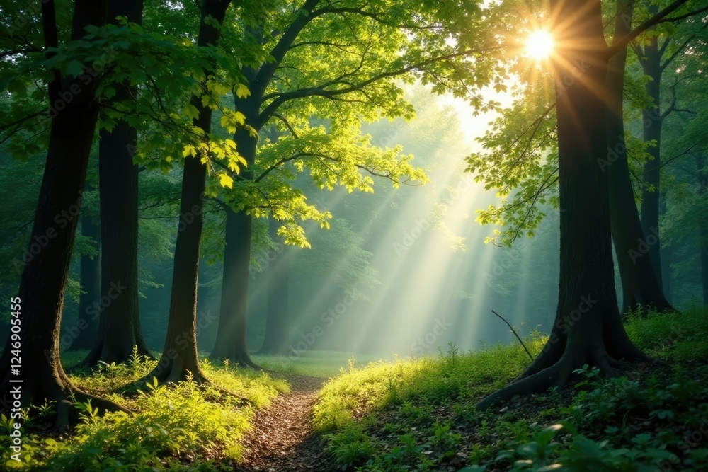 Obraz premium Dappled sunlight filters through forest canopy, light filtering, woodlands