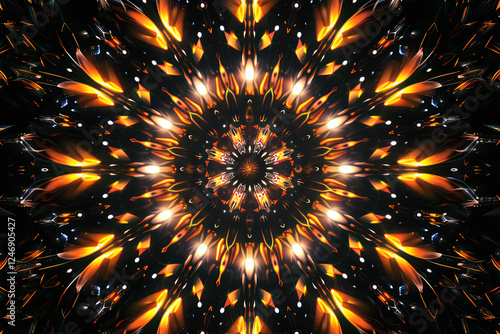 Kaleidoskopische Lichtmuster auf einem schwarzen Hintergrund, in lebendigen Farben, die sich in symmetrischen, dynamischen Formen entfalten und eine abstrakte, visuelle Illusion erzeugen photo