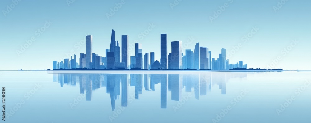 Obraz premium Modern city skyline with reflective water.