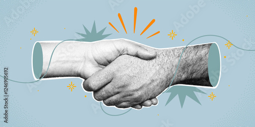 Collage halftone handshake. Retro stipple handshaking. Paper cut out texture hands. Good partner deal concept. Successful business partnership agreement. Vector banner